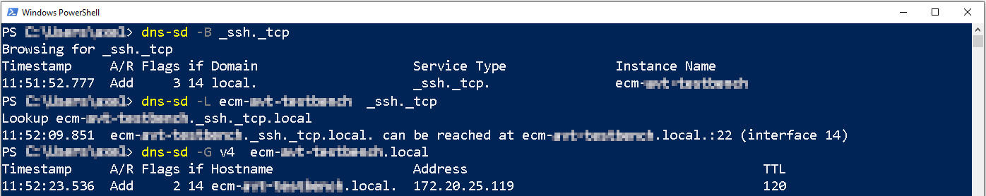 bonjour results in powershell